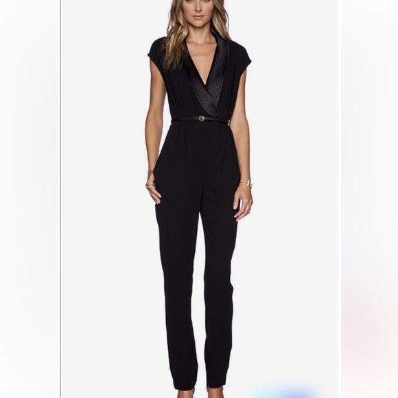 Halston Heritage Satin Trimmed Black Tuxedo Jumpsuit size 4 $495 - Picture 2 of 15